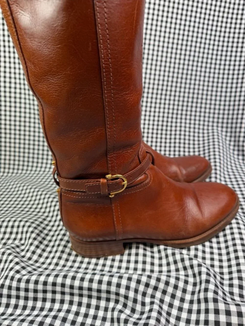 Tory Burch Nadine Brown Leather Riding Boots Womens 7 M Tall Gold Logo